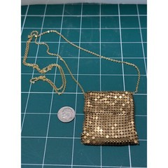 Vintage Gold Mesh Pouch Pendant Necklace Miniature Bag Statement Jewelry 32 In