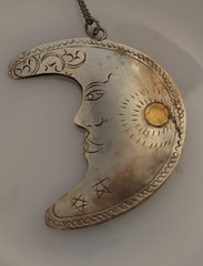 Crescent Moon w face, Unique Pendant, hand tooled, Whimsigoth Celestial Jewelry