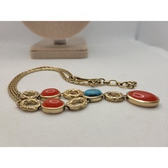 Monet Y Necklace Blue Red Acrylic Stones Matte Goldtone Southwest
