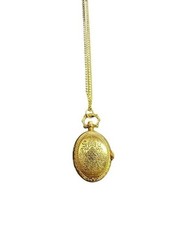 Vintage Clock Necklace Oval Etched Quartz Pocket Watch Pendant Gold Tone 28 Inch