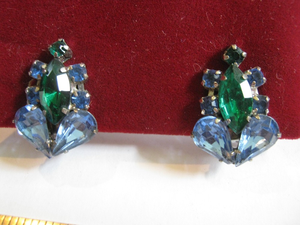 1960s Blue & Green Rhinestone Clip On Earrings, Compare @ $35 on Etsy