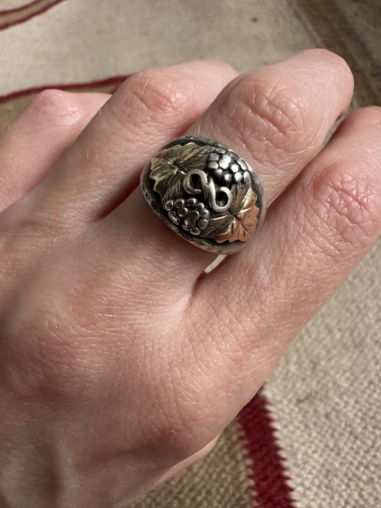 Vintage Sterling And 10k Gold Grape Leaf Ring Size 7.25