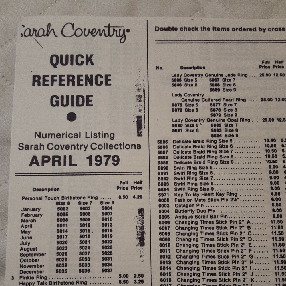 PRINTED COPY OF A April 1979 “QUICK REFERENCE GUIDES ” SARAH BOOK 4 PAGES