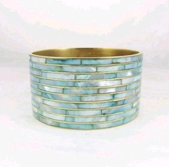 8.25″ Blue Dyed Mother Of Pearl MOP Inlaid Wide Brass Bangle Bracelet