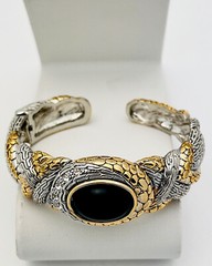 1990s 2 Tone Designer Look Crystal Black Cabochon Side Hinge Bangle Bracelet 7”