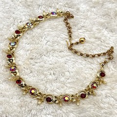 Vintage BSK Necklace Red Aurora Borealis Rhinestone Gold Tone Leaf Choker 14″