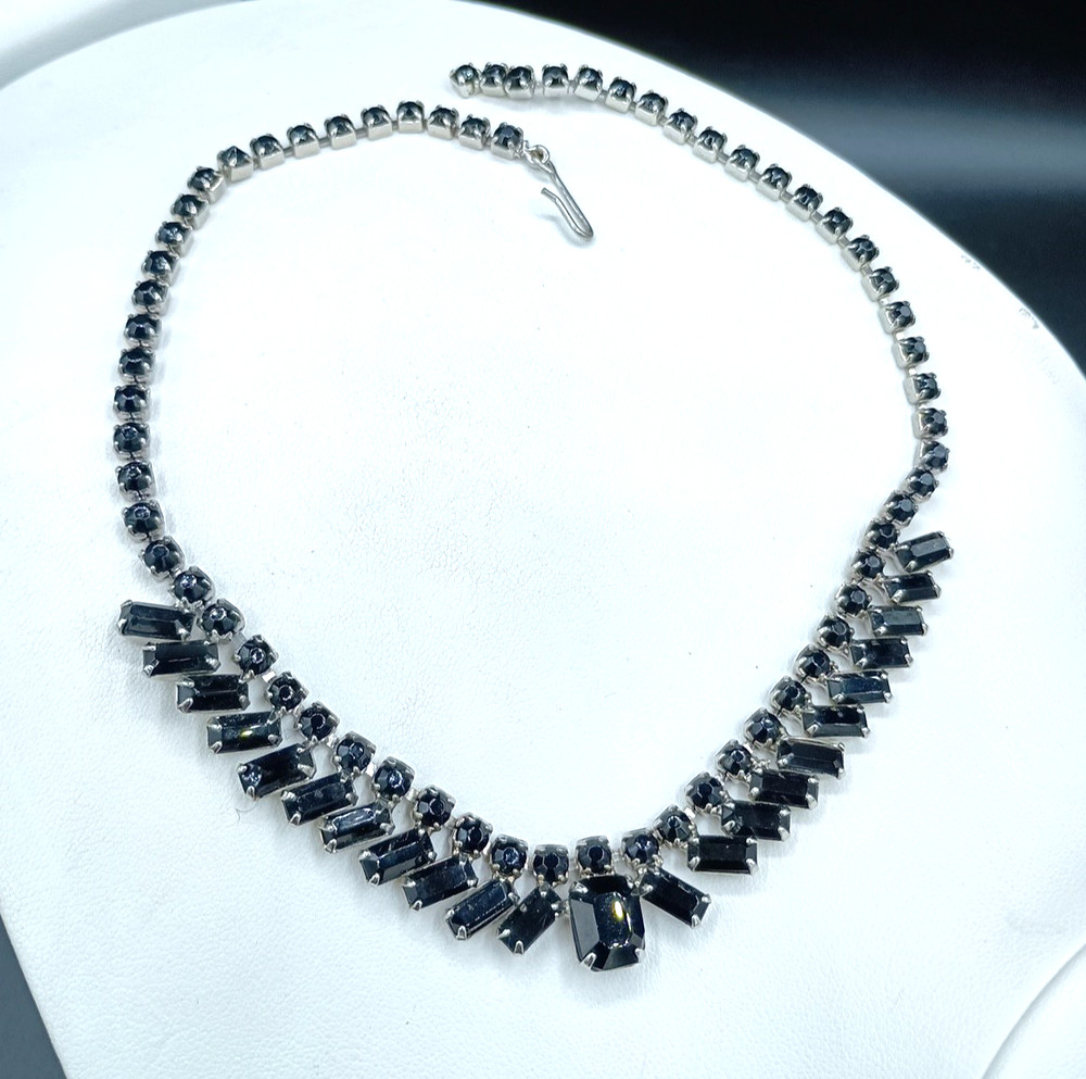 Vintage Art Deco French Jet Necklace Black Glass Square Rhinestone 15″
