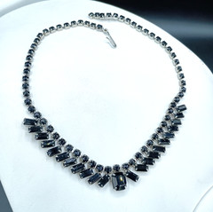 Vintage Art Deco French Jet Necklace Black Glass Square Rhinestone 15″