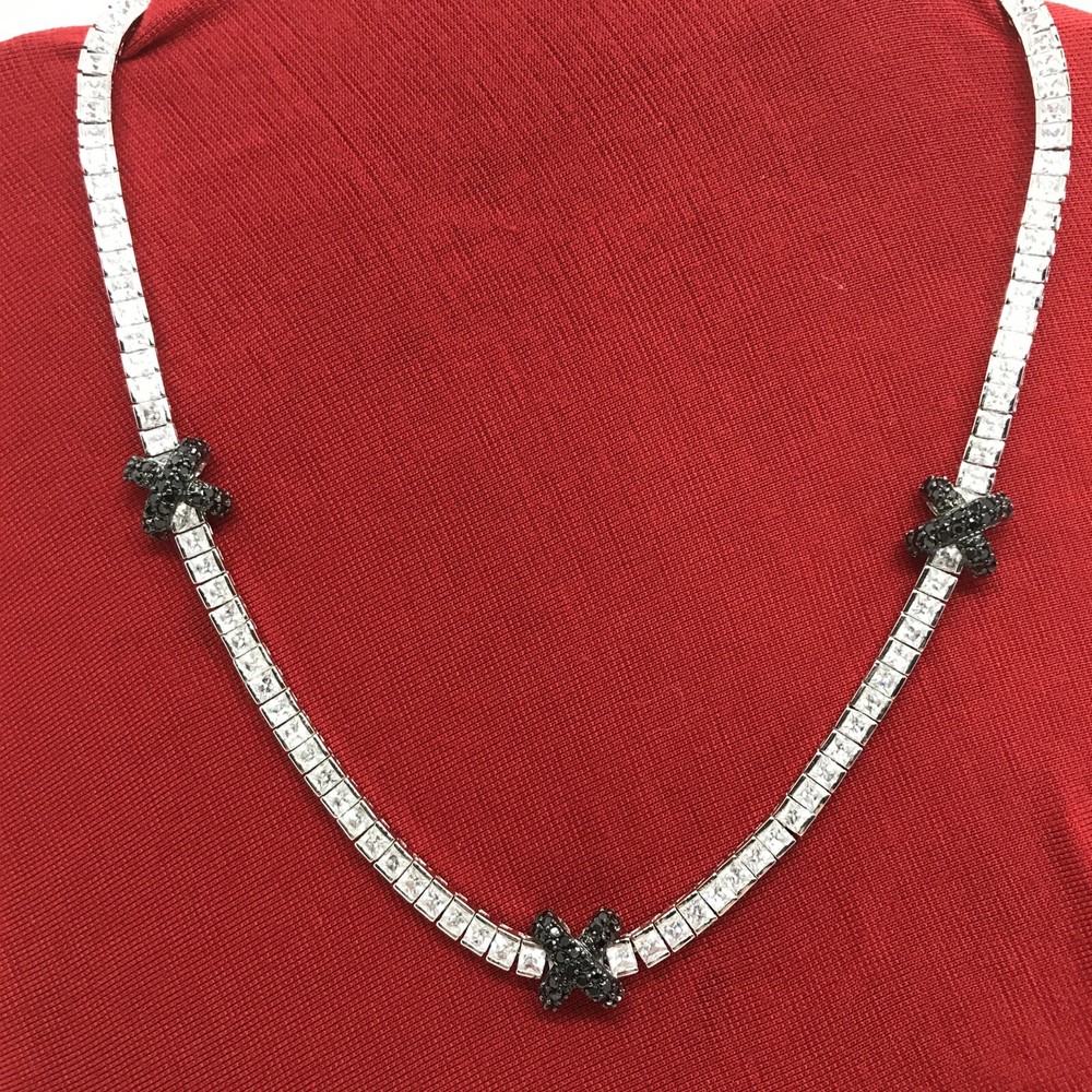 Vintage Signed LL 925 Sterling Onyx Clear Cubic Zirconia Statement Necklace