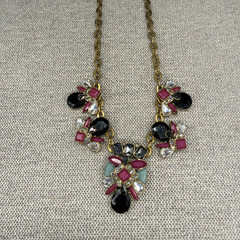 Vintage J Crew Necklace Jeweled Statement Burgundy Black Gold Tone 19 Inches