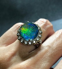 UNIQUE! Estate Australian Black Fire Opal & Crystal Quartz Triplet Sterling Ring