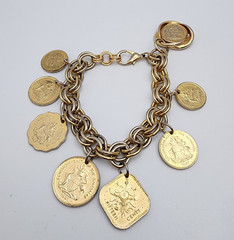 Vtg Bahama Coin Dangle Charm Gold Tone Bracelet 80s 90s Double Link Chain 7.5″