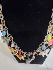 Vintage Tropicana Necklace Silver Wooden Animals Birds Chain Parrot Hearts 1960s