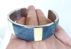Vtg Estate Jewelry Artisan Metal Cuff Bracelet Coral Denim Blue & White Inlay