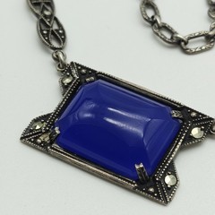 Vintage Sterling Silver 925 Blue Chalcedony Marcasite Necklaces 15.5″