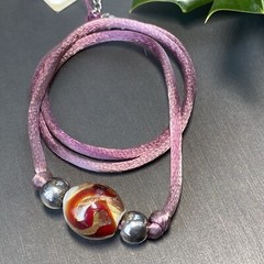 Vintage Necklace Murano Art Glass 24K Gold Fleck Red Pendant Pink Silk Necklace