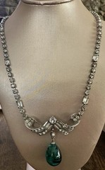 Vintage Schoffel 16″ Rhinestone & Faux Cabochon Emerald Green Necklace 1930s