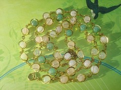 VINTAGE SEMI PRECIOUS GEMSTONE NECKLACE WIRE WRAP/CAGED PASTEL PINK,GREEN, 33″L