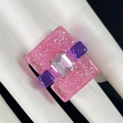Modernist Lucite Ring Pink Purple Glitter Rhinestone Sz 7.75 Chunky Post Modern