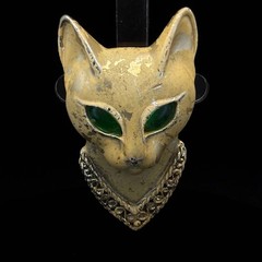 Vintage AJC Signed Egyptian Styled Gold Tone Cat Head Brooch with Green Eyes