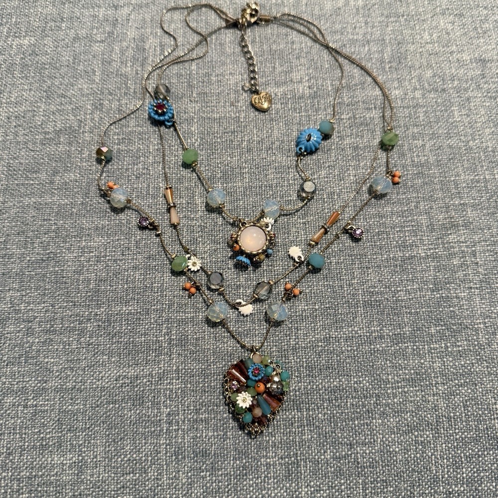 Betsey Johnson Triple Strand Necklace Beaded Multi Floral Heart Crystal Signed