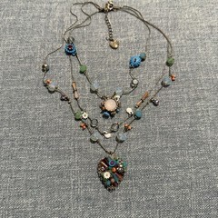 Betsey Johnson Triple Strand Necklace Beaded Multi Floral Heart Crystal Signed