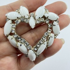Vintage White Milk Glass Prong Set Heart Brooch Pin Accent Clear Rhinestones 2”