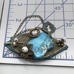 Artisan Brooch Variscite Stone & Freshwater Pearls Brass Leaf Leather Steampunk
