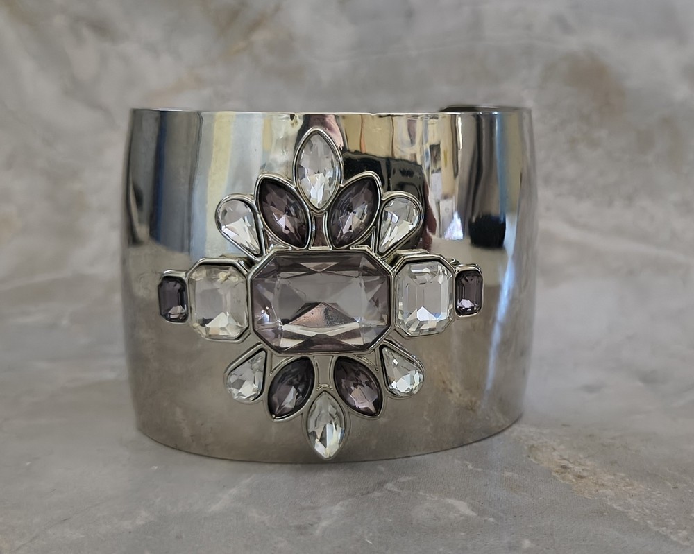 Silver Tone Rhinestone Wide Open Slide Cuff Bracelet Maximalist Modern Vintage