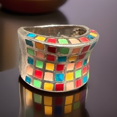 Vtg ZUNI ATI Sterling 925 Wide Band Pastel Mosaic Inlay Statement Ring Sz 7.5