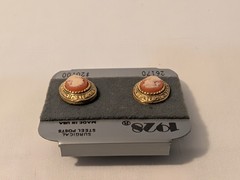 Vtg 1980s 1928 Steel Post Cameo Earrings, Peach, White, Antiqued Gold Tone Oval.
