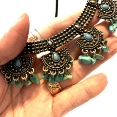 Vtg Faux Turquoise Stone Dangles & Antiqued Silver Tone Necklace ~17″ Boho Chic