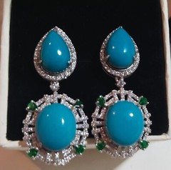 Oval & Pear Cut Natural Turquoise & Emerald Dangle Earring 14K Rose Gold Plated