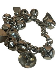 VTG Silver Tone Charm Bracelet Jingle Bells & Geometric Shapes 7 Inches Chunky