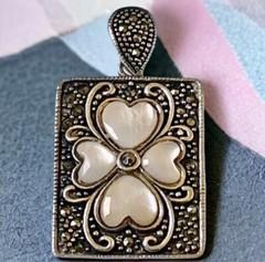 DBJ Sterling Silver Vintage Pendant Marcasite Mother of Pearl Heart