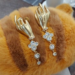 Schiaparelli Gold Tone Hand Clover Drop Earrings