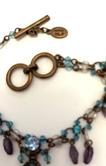 Vintage Cookie Lee Blue Rhinestone On Copper Charm Bracelet Adj. 7-7.75” Toggle