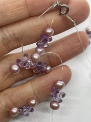 Vintage Sterling Silver Pink Creamy Pearl & Faceted Lilac Crystal Necklace 16”