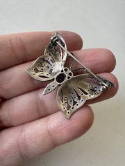 VTG Marcasite Garnet Butterfly Pin Brooch, Vintage, Signed 925, 9.6 Grams