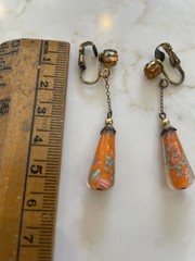 Vintage Venetian Art Glass Dangle Earrings Orange Floral Hinged Clip NonPierced