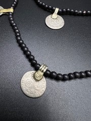 Vintage Black Beaded Coin Necklace, Tribal Boho Necklace, Ethnic Coin Charm