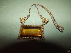 Vtg/Antique Art Deco Czech Filigree Necklace w/Amber Colored Stone