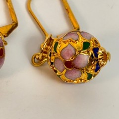 Vintage Cloisonne Dangle Earrings Gold Floral Enamel Glass Bead Boho Chic