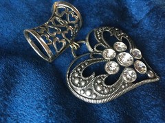 Vintage Slide Open Work Silver Tone Rhinestone Heart Charm Scarf Pendant 3.5″
