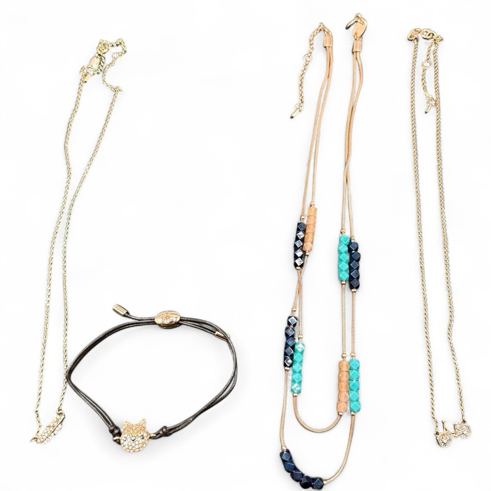 Lot Of Fossil Signed Rose Gold Tone Necklaces And Bracelet Bike Fox Feather J150