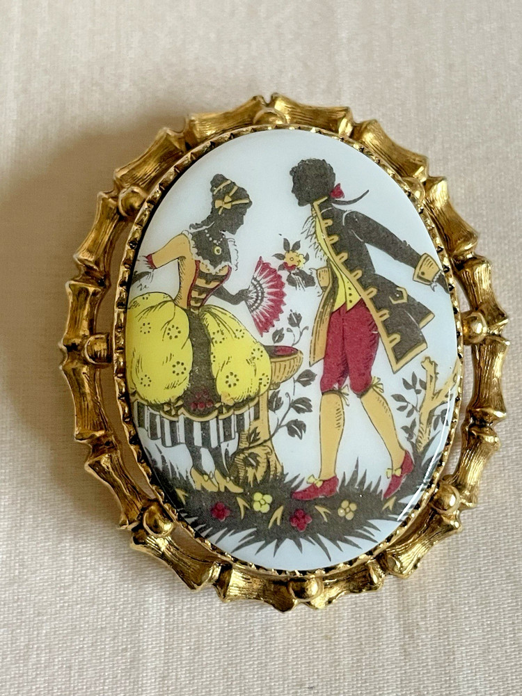 Vintage Dual Purpose Bone China “Courting Couple” Pendant, Brooch 2″ x 1.75″