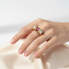 Vintage 18K Solid Gold Opal Diamond Ruby Ring, Made in England 1930, GIA Cert.
