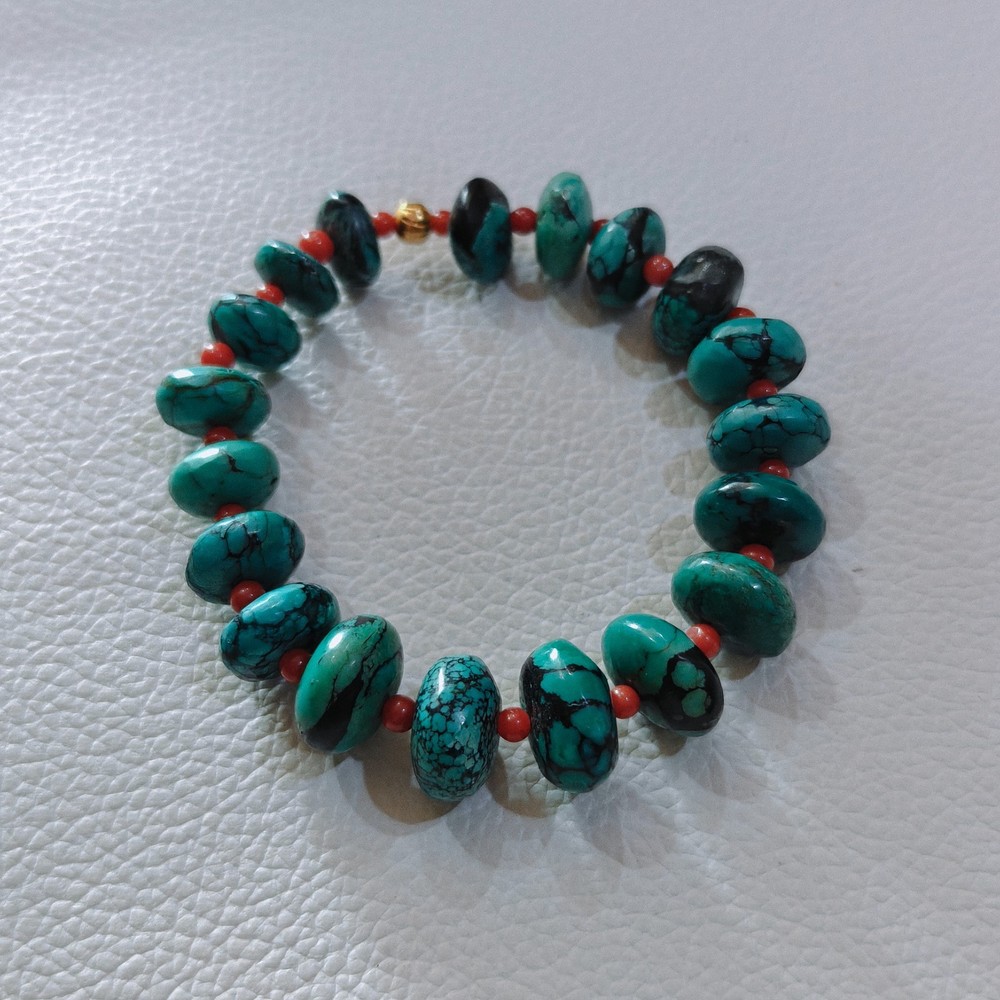 Turquoise-Coral Gemstone Bracelet Natural Turquoise Stretchy Handmade Bracelet