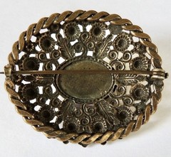Victorian Brooch Brass Filigree Blue Yellow Flower Red Stone C Clasp Boho Czech?