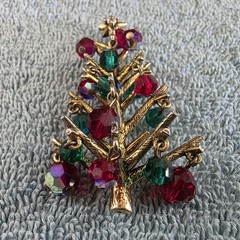 Vintage Hollycraft Christmas Tree Dangle Glass Bead Ornaments Brooch Pin, Signed